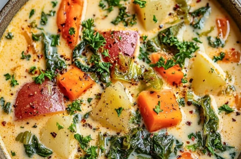 Bowl of creamy spring vegetable soup with fresh veggies and herbs