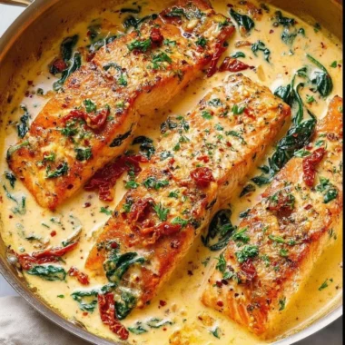 Creamy Tuscan Salmon with spinach and sun-dried tomatoes in a flavorful sauce