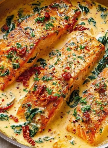 Creamy Tuscan Salmon with spinach and sun-dried tomatoes in a flavorful sauce