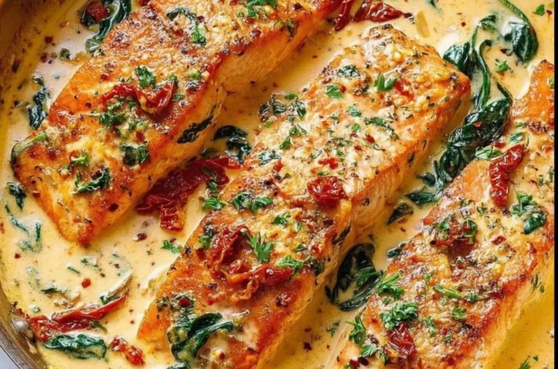 Creamy Tuscan Salmon with spinach and sun-dried tomatoes in a flavorful sauce