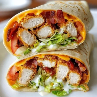 Crispy chicken bacon ranch wrap with fresh ingredients and flavorful dressing