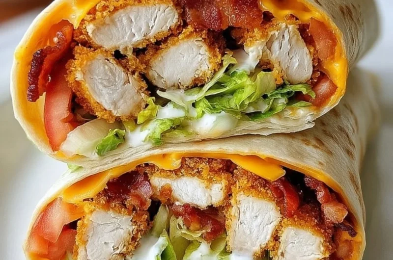 Crispy chicken bacon ranch wrap with fresh ingredients and flavorful dressing