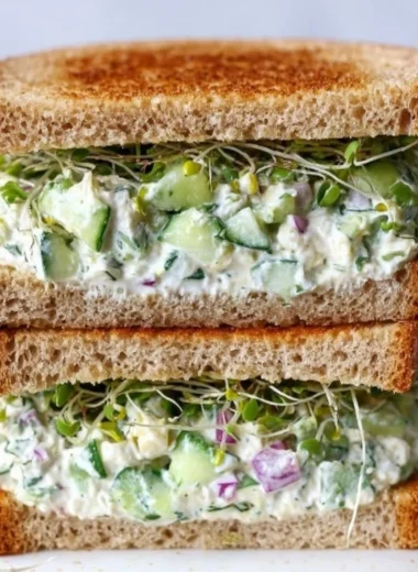 Delicious cucumber salad sandwiches on a plate, garnished and ready to serve.