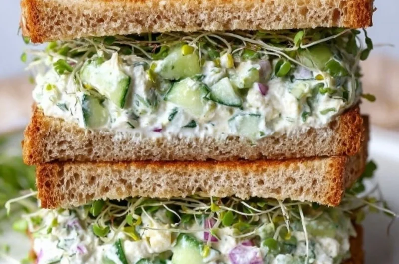Delicious cucumber salad sandwiches on a plate, garnished and ready to serve.