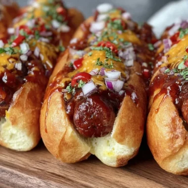 Delicious Firecracker Hot Dogs topped with spicy condiments on a grill.