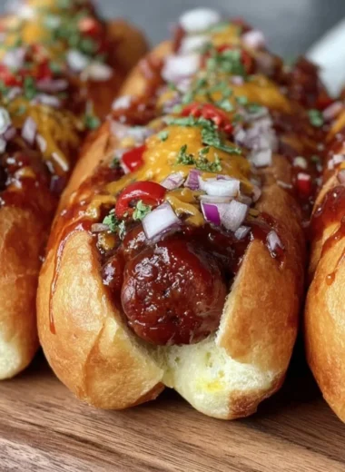 Delicious Firecracker Hot Dogs topped with spicy condiments on a grill.