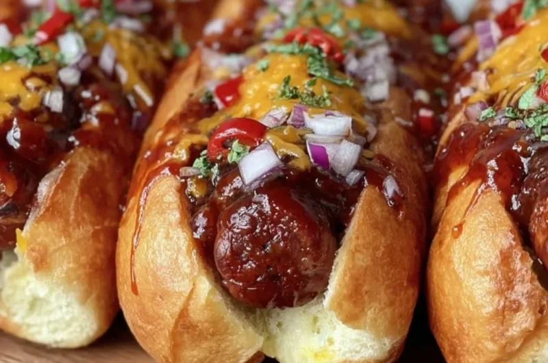 Delicious Firecracker Hot Dogs topped with spicy condiments on a grill.