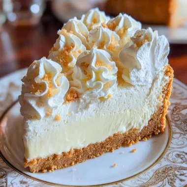 Fluffy marshmallow cheesecake topped with whipped cream and chocolate drizzle