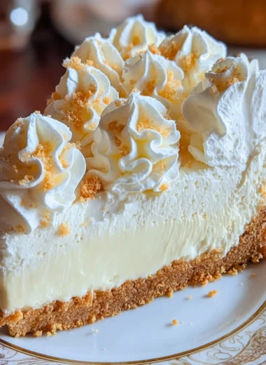 Fluffy marshmallow cheesecake topped with whipped cream and chocolate drizzle