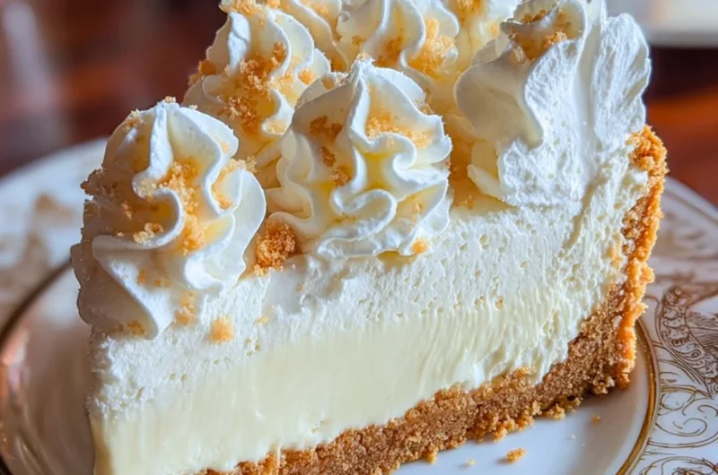 Fluffy marshmallow cheesecake topped with whipped cream and chocolate drizzle
