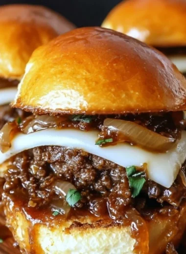 Delicious French Onion Beef Sloppy Joes served with melted cheese and onions