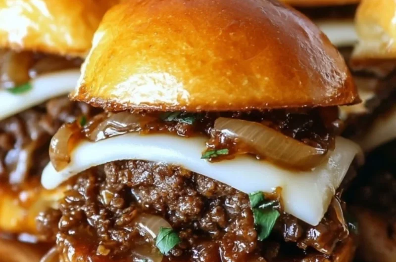Delicious French Onion Beef Sloppy Joes served with melted cheese and onions