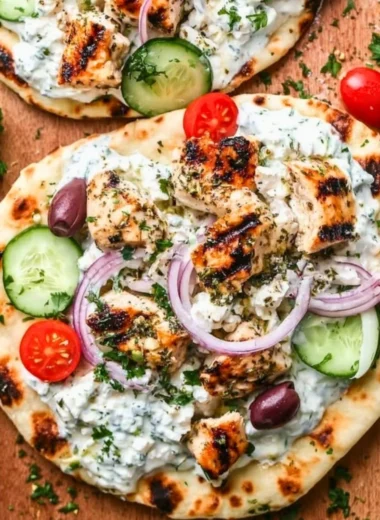 Delicious Greek Chicken Flatbread topped with fresh vegetables and herbs