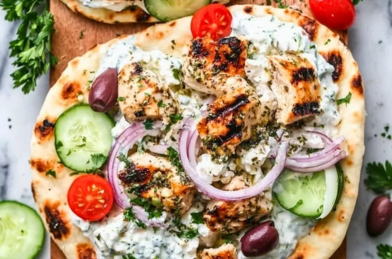 Delicious Greek Chicken Flatbread topped with fresh vegetables and herbs