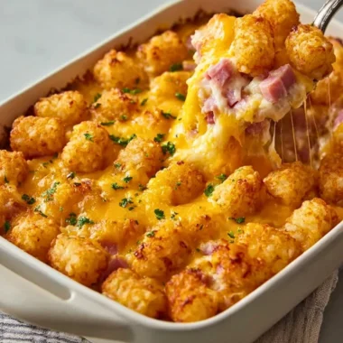 Delicious ham and tater tot casserole freshly baked and ready to serve