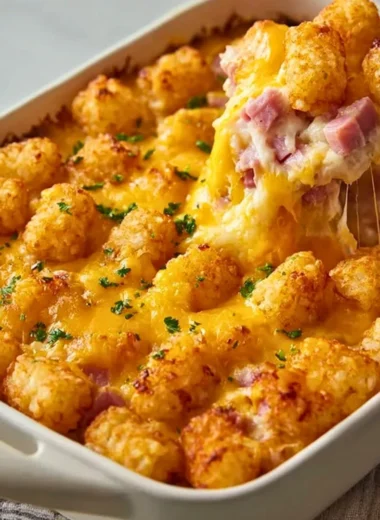 Delicious ham and tater tot casserole freshly baked and ready to serve