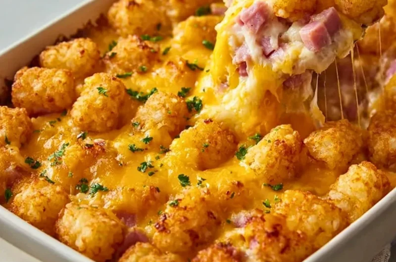 Delicious ham and tater tot casserole freshly baked and ready to serve