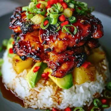 Hawaiian Turn Turn Chicken Stack on a plate garnished with fresh herbs