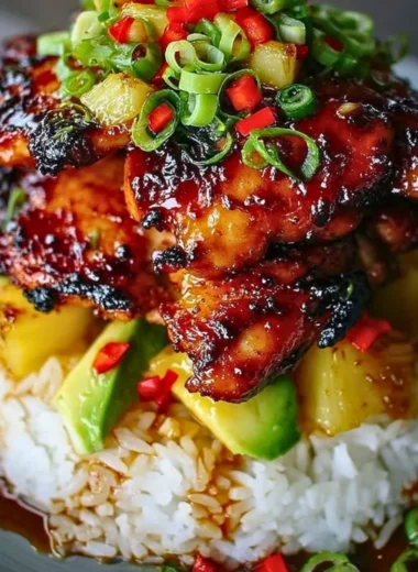 Hawaiian Turn Turn Chicken Stack on a plate garnished with fresh herbs