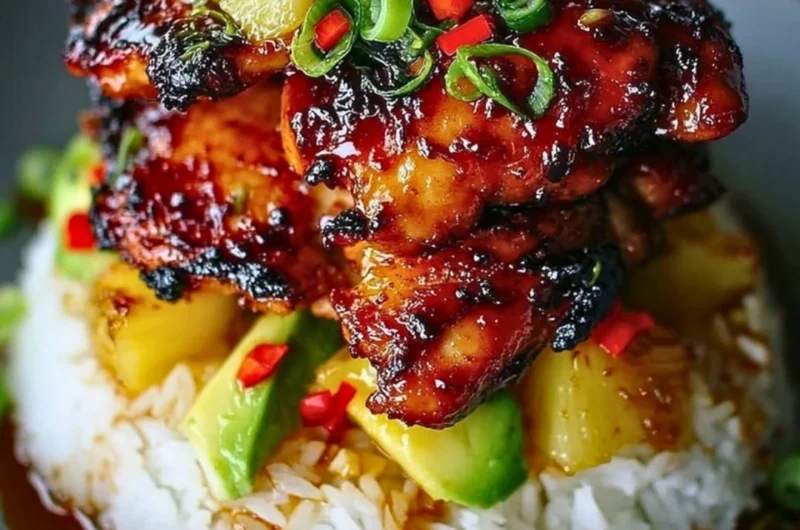 Hawaiian Turn Turn Chicken Stack on a plate garnished with fresh herbs