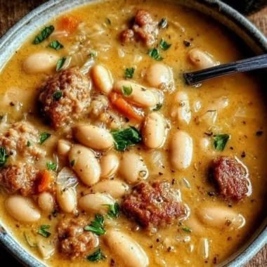 Hearty creamy bean soup in a bowl garnished with herbs