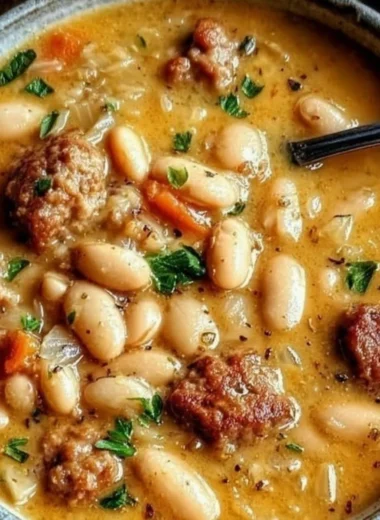 Hearty creamy bean soup in a bowl garnished with herbs