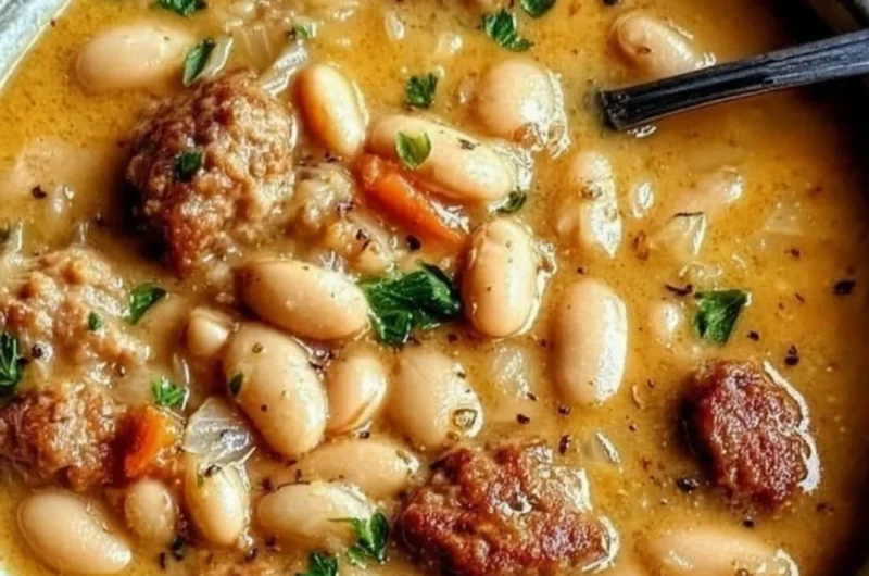 Hearty creamy bean soup in a bowl garnished with herbs