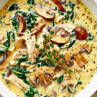Bowl of homemade rotisserie chicken and mushroom soup garnished with herbs.
