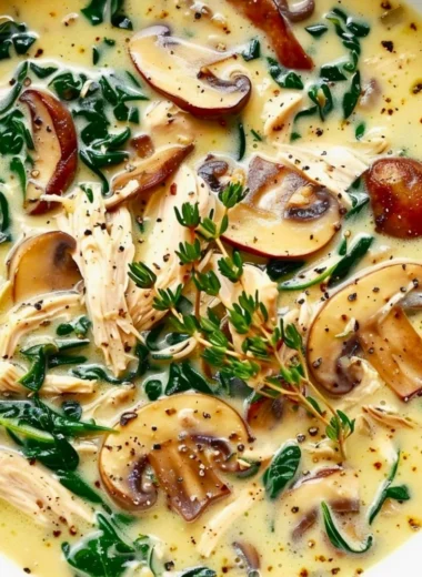 Bowl of homemade rotisserie chicken and mushroom soup garnished with herbs.