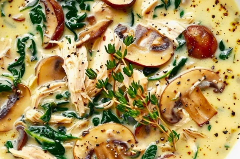 Bowl of homemade rotisserie chicken and mushroom soup garnished with herbs.