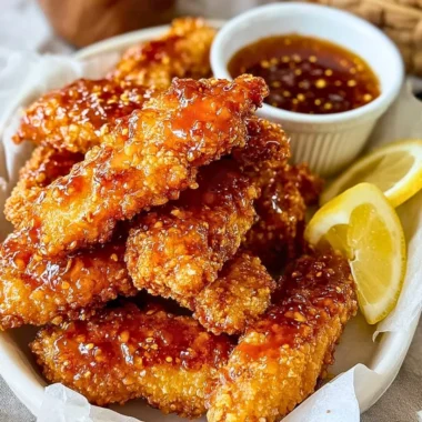 Crispy hot honey chicken tenders served with a side of dipping sauce