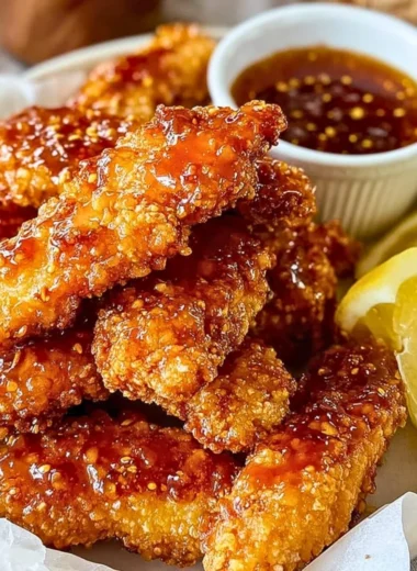 Crispy hot honey chicken tenders served with a side of dipping sauce
