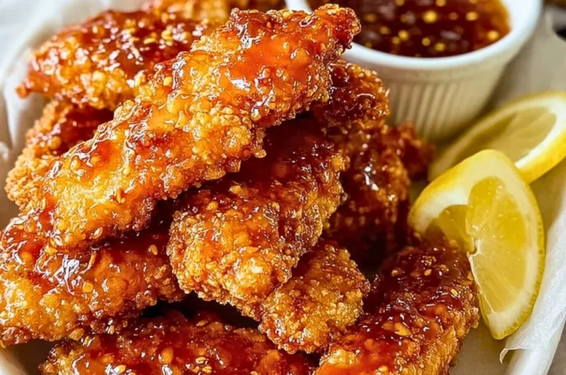 Crispy hot honey chicken tenders served with a side of dipping sauce