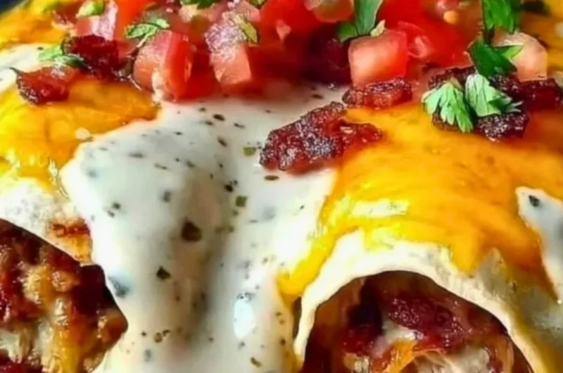 Plate of Jalapeño Popper Cheesy Chicken Enchiladas topped with cheese and jalapeños