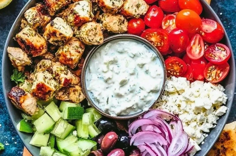 Low-Carb Keto Greek Chicken Bowl with fresh vegetables and seasoning