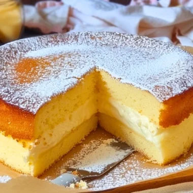 Delicious slice of Magic Custard Cake with three distinct layers