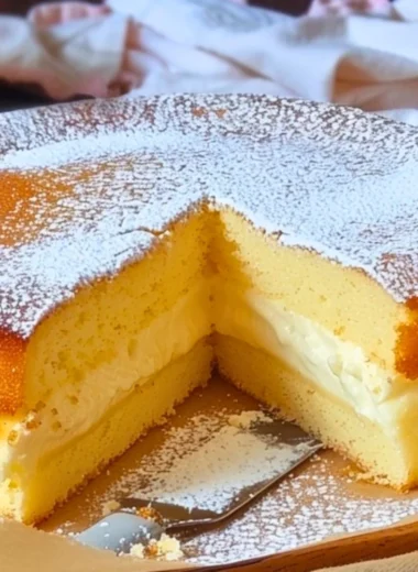 Delicious slice of Magic Custard Cake with three distinct layers