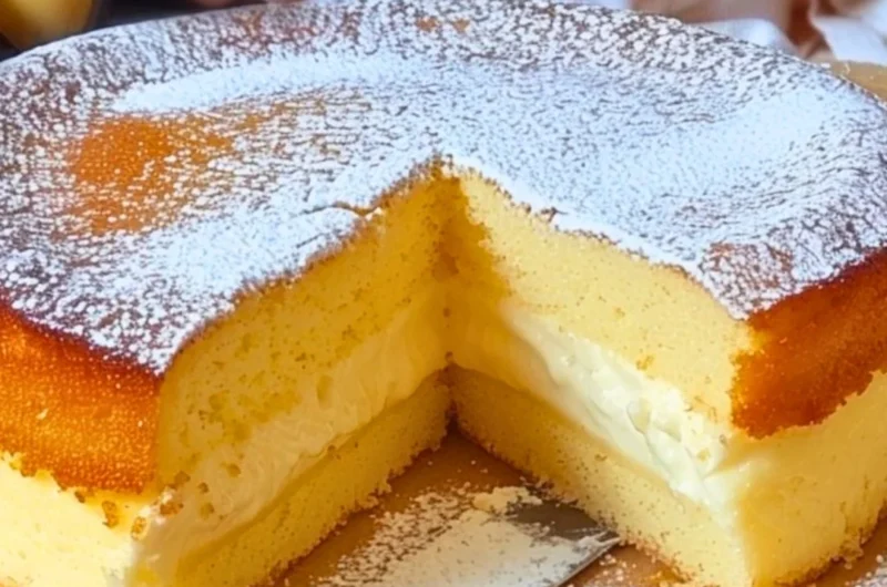 Delicious slice of Magic Custard Cake with three distinct layers