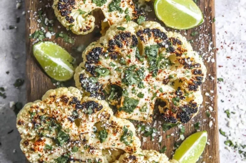 Plate of Mexican Street Cauliflower (Elote) topped with spices and cheese