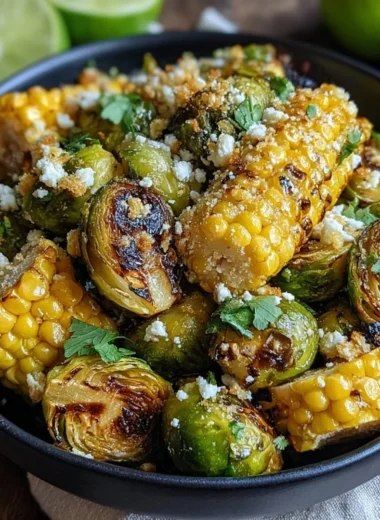 Mexican street corn Brussels sprouts topped with cheese and spices