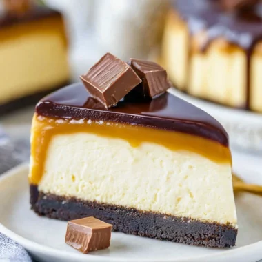 Delicious millionaire cheesecake slice with rich toppings and a graham cracker crust.