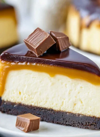 Delicious millionaire cheesecake slice with rich toppings and a graham cracker crust.