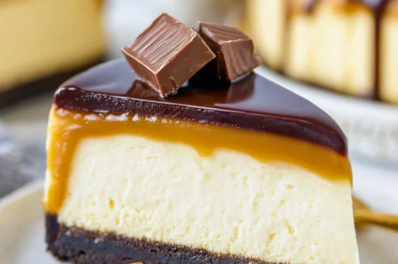 Delicious millionaire cheesecake slice with rich toppings and a graham cracker crust.