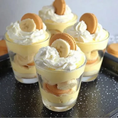 Nilla Wafer banana pudding cups served in clear dessert cups with bananas and whipped cream