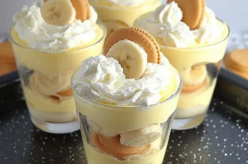 Nilla Wafer banana pudding cups served in clear dessert cups with bananas and whipped cream