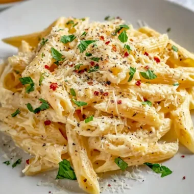 Delicious one pot creamy garlic pasta served in a bowl with herbs on top