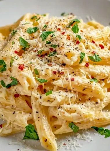 Delicious one pot creamy garlic pasta served in a bowl with herbs on top