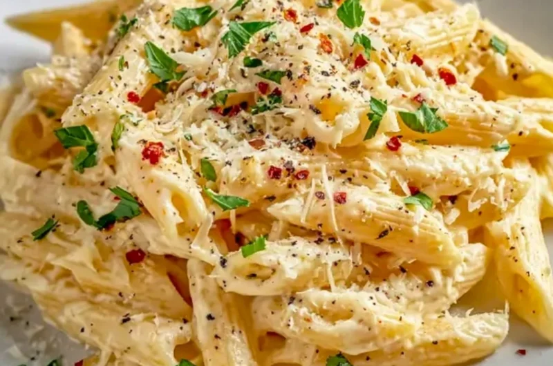 Delicious one pot creamy garlic pasta served in a bowl with herbs on top