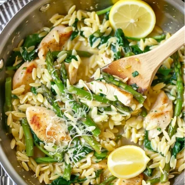 Delicious one pot lemon chicken orzo dish served in a bowl
