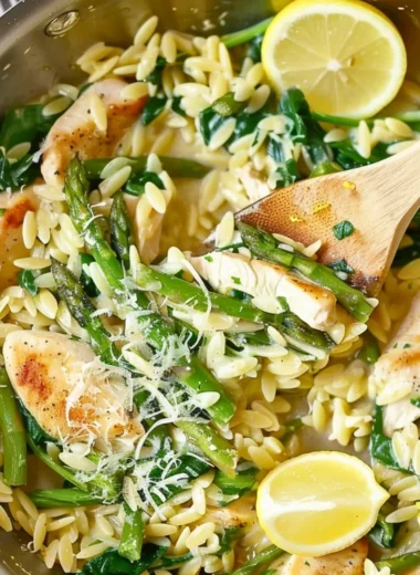 Delicious one pot lemon chicken orzo dish served in a bowl